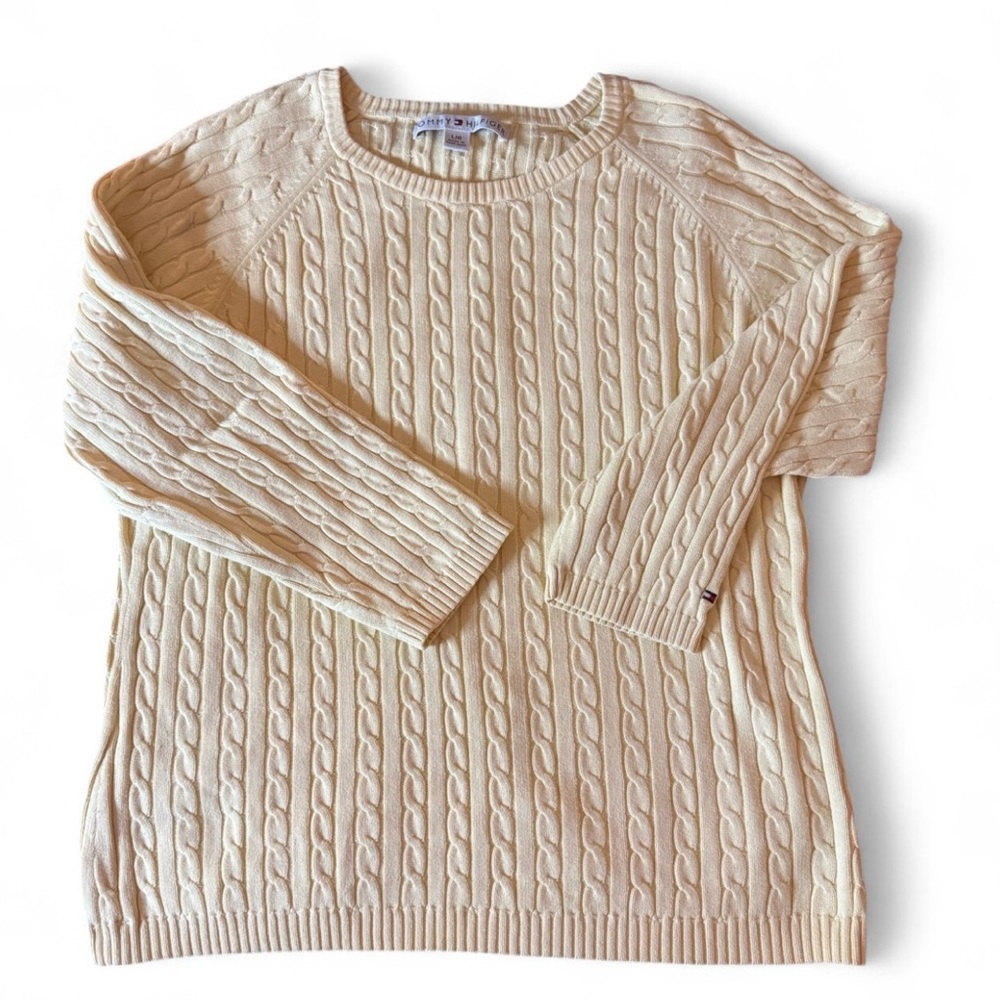 Tommy Hilfiger Yellow Cotton Cable Knit Crew Neck Sweater Size Large